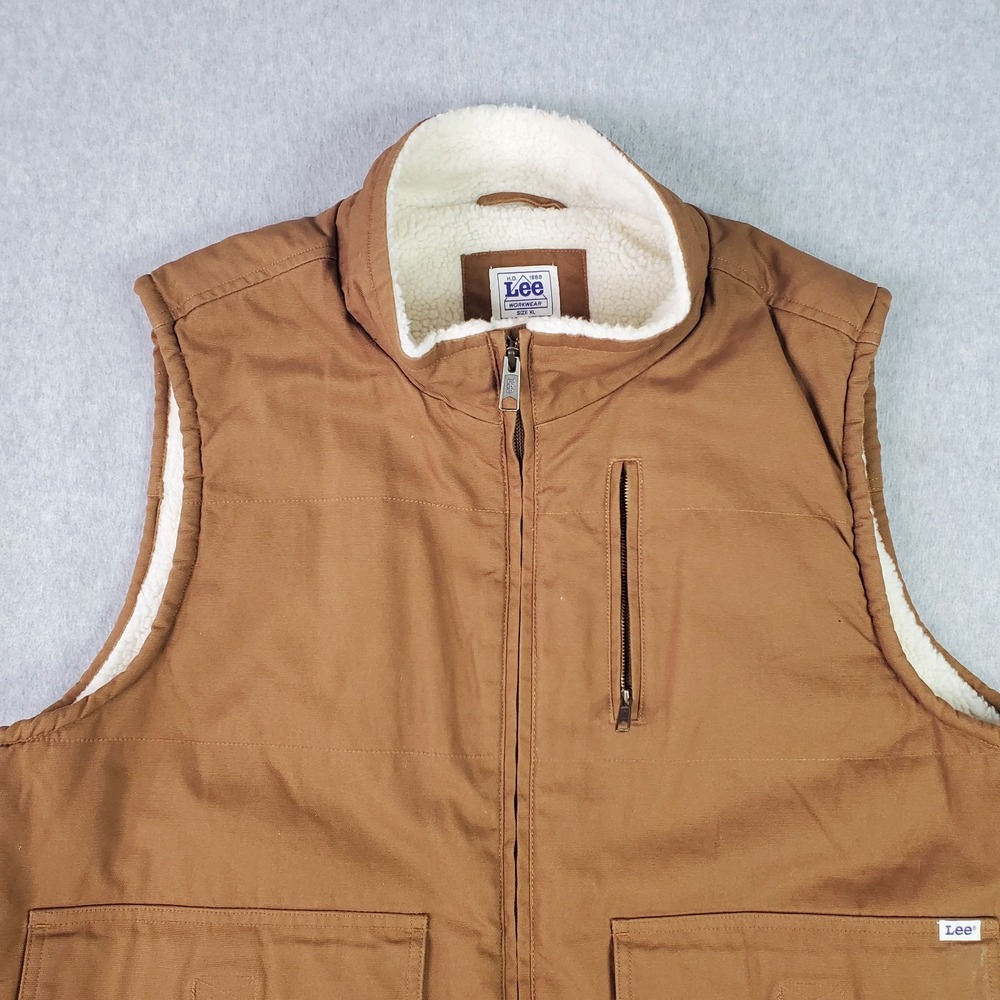 Lee Workwear Vest Mens XL Brown Canvas Sherpa Lined Zip Pockets LM33VT687 - Picture 3 of 13